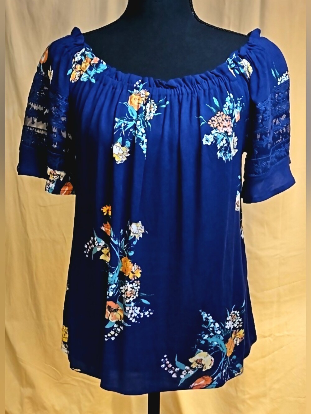 NWT Eyeshadow Navy Blue Floral Off The Shoulder Blouse M Boho Lace Trim Top